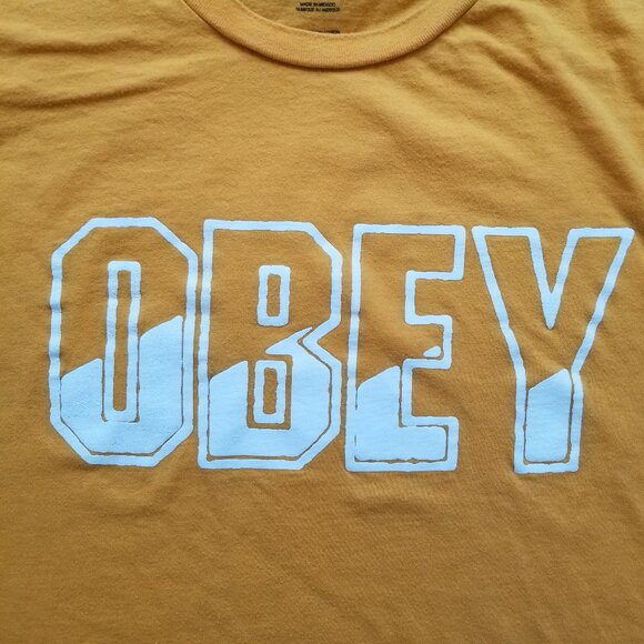 Obey T-Shirt Men's Large Yellow Script Logo Graphic Tee Short-Sleeve Cotton - Picture 1 of 8